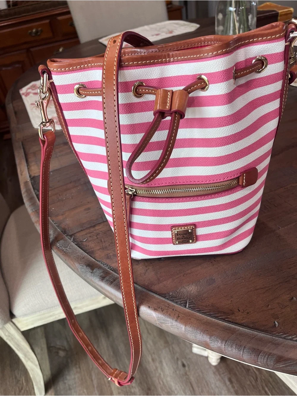 Dooney & Bourke Sullivan Striped Drawstring Bag in Watermelon/White